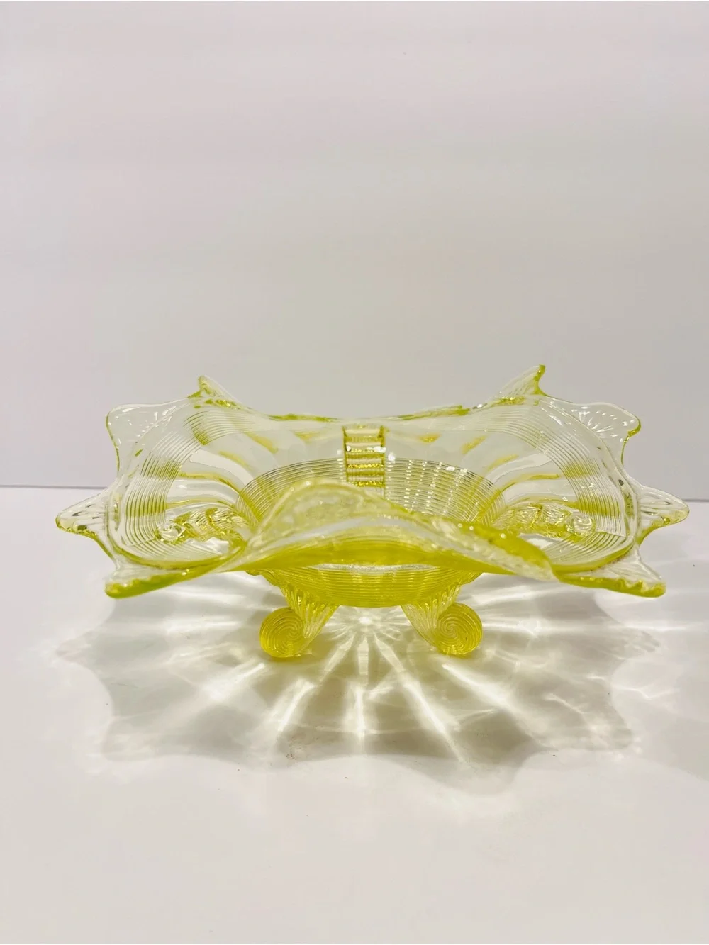 Antique 1890’s Northwood Vaseline Glass Fluted Scrolls Yellow Uranium Glass Bowl
